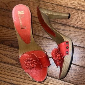 Millennium 2 leather red coral flower wooden platform high heel shoe hard rare